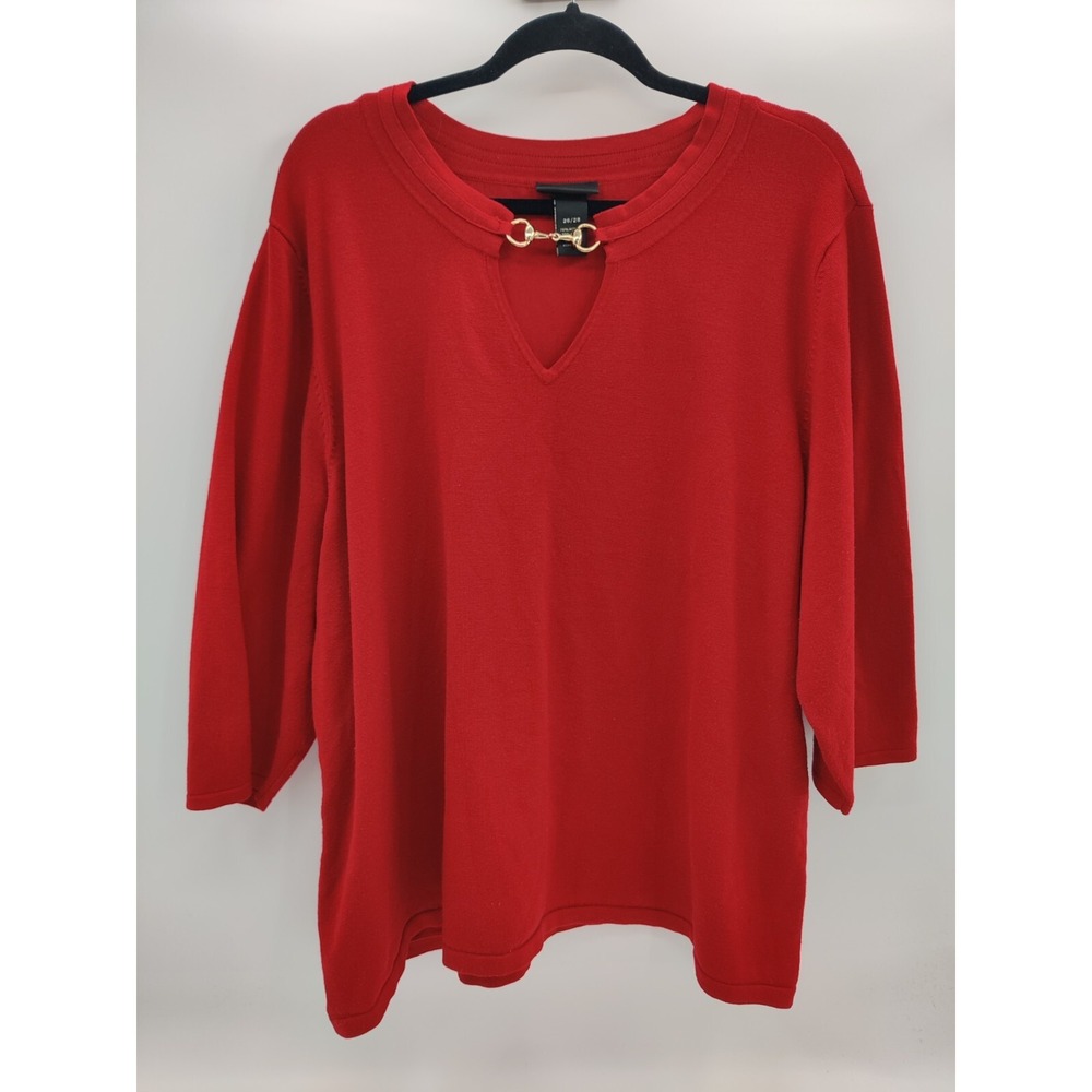 Lane Bryant Red 3/4 Sleeve V-Neck Keyhole Sweater Size 26 28 Gold Accent